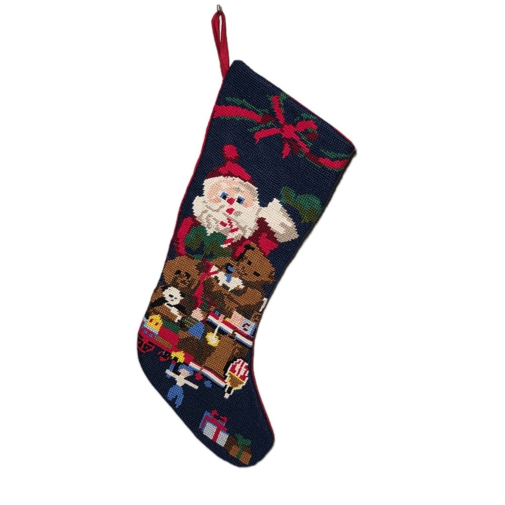 Vintage Handmade Needlepoint Christmas Stocking Santa Toys Red Velvet Back